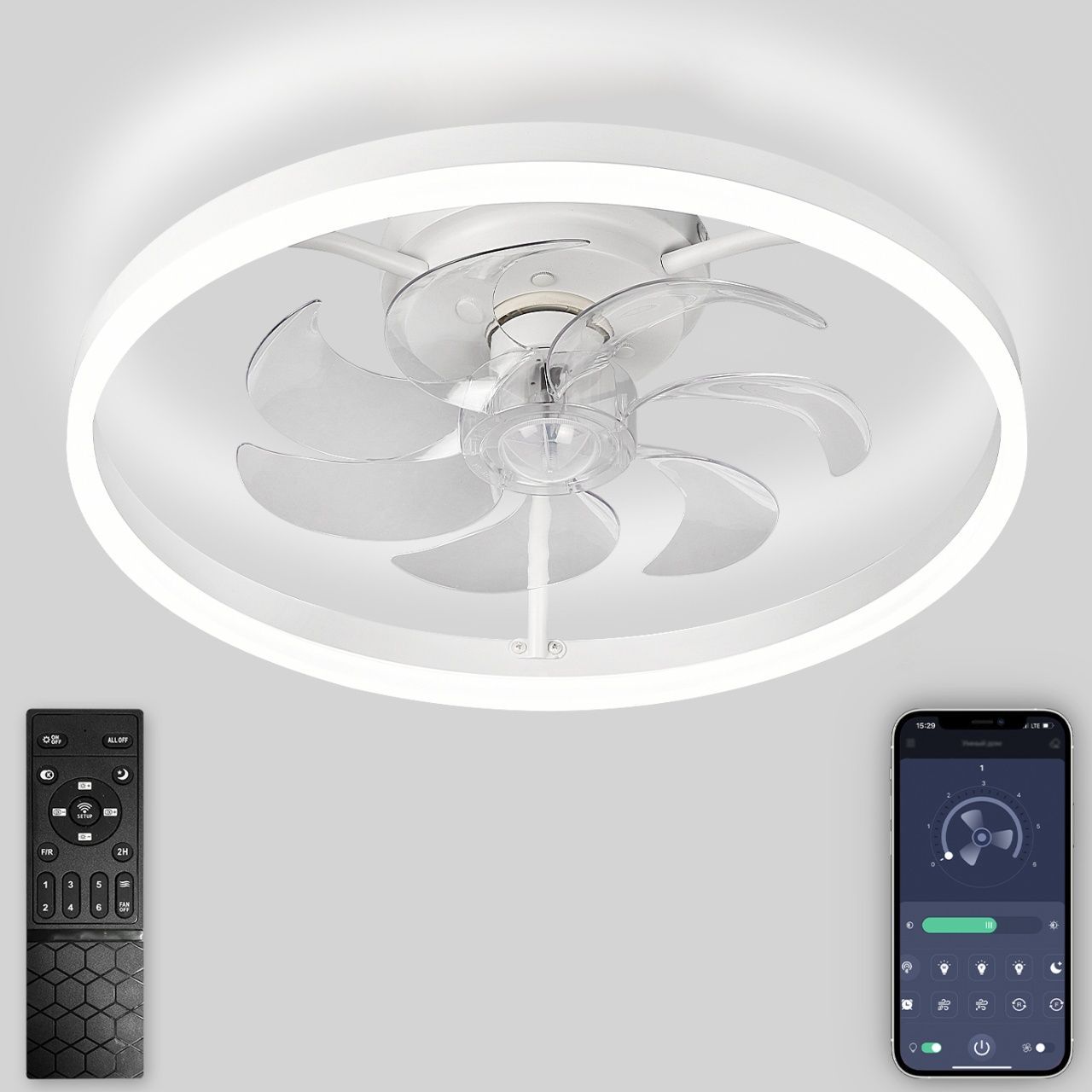Светодиодная люстра нимб с вентилятором, пультом ДУ 80W, белый Natali Kovaltseva LED LAMPS 81489