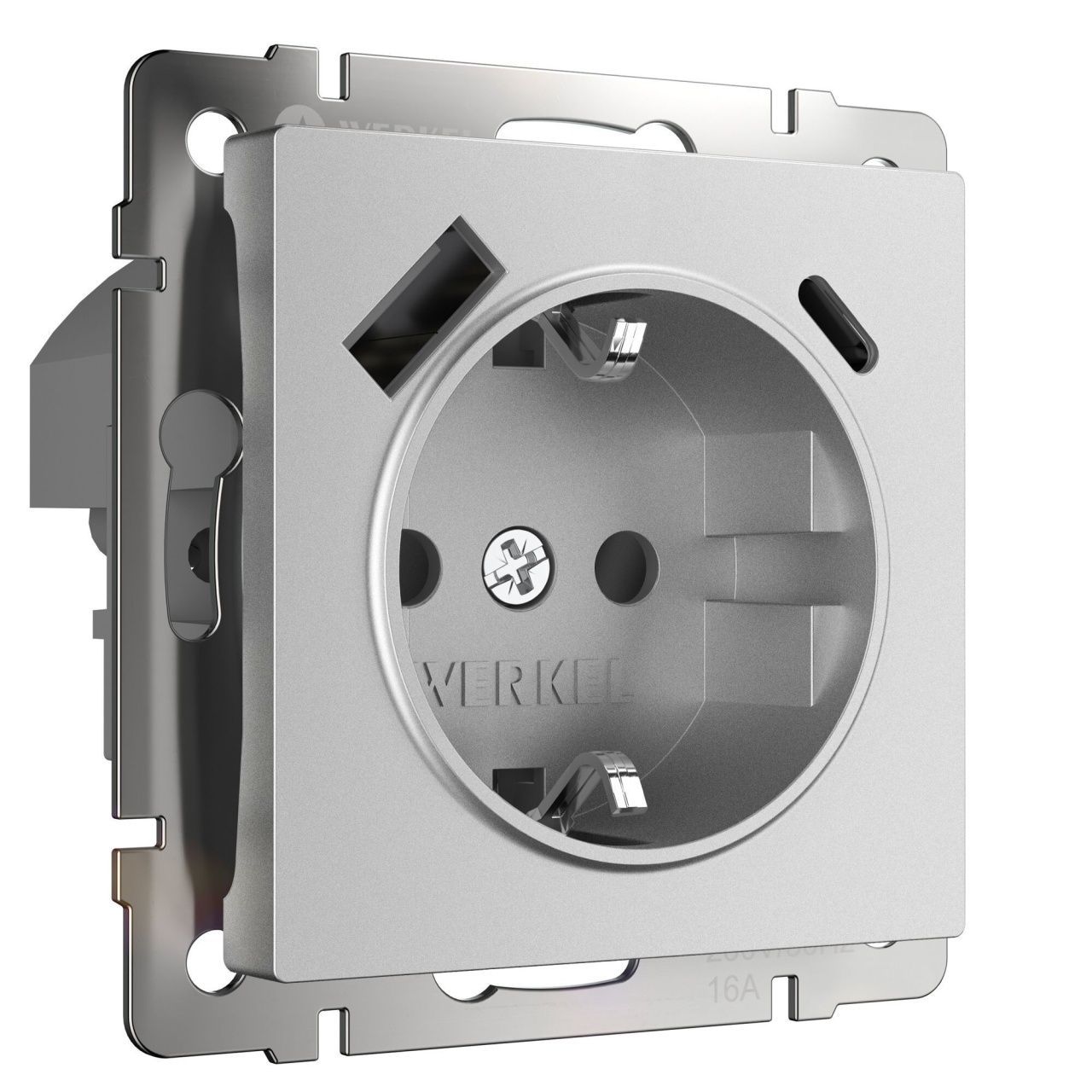 Розетка с заземлением, шторками и USB тип A+C (серебряный матовый) Werkel W1171765
