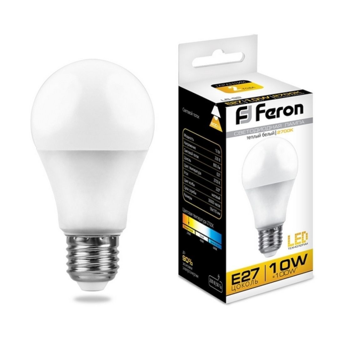 Лампочка светодиодная груша E27 10W 2700K 800lm 25457 Feron