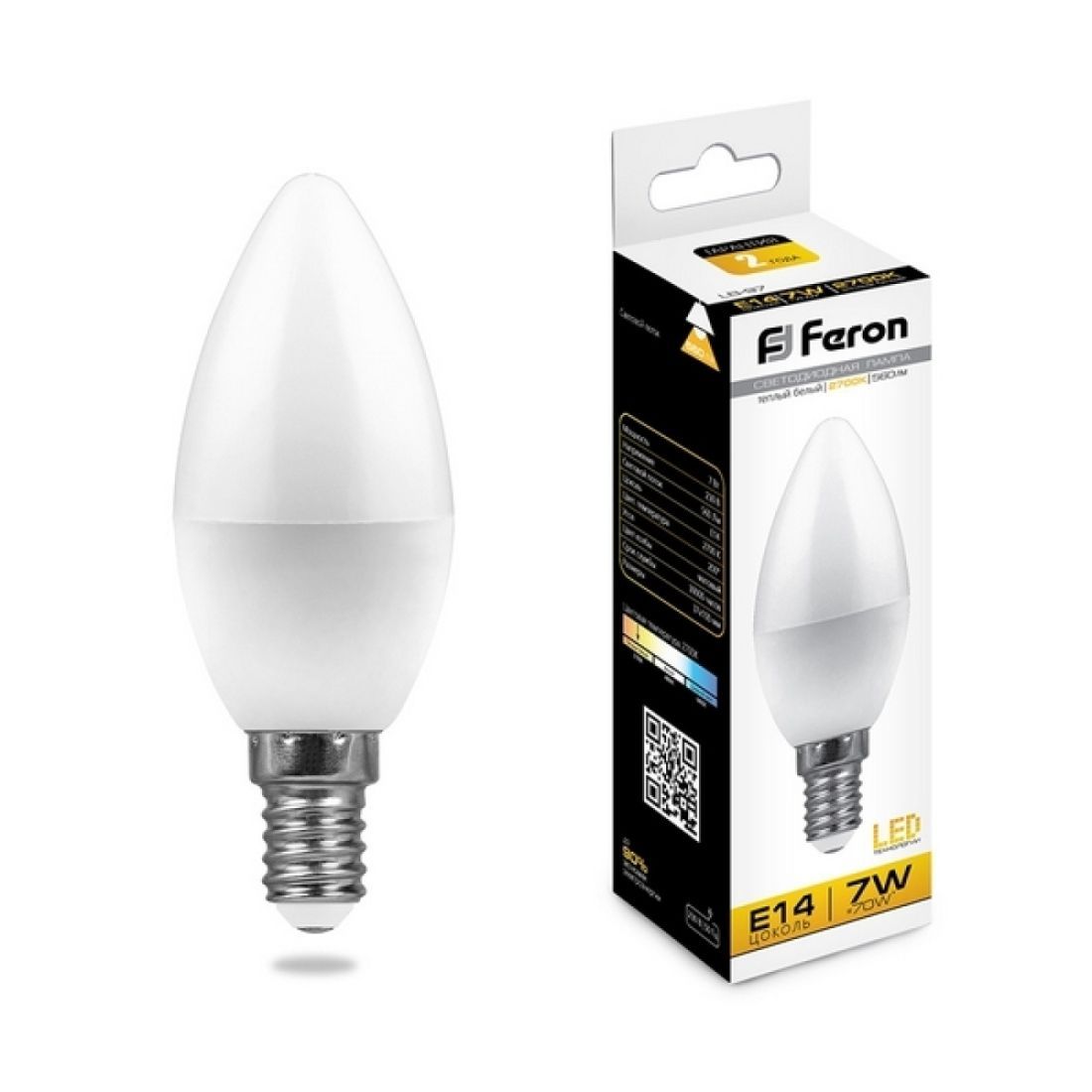 Лампочка светодиодная свеча E14 7W 2700K 560lm 25475 Feron