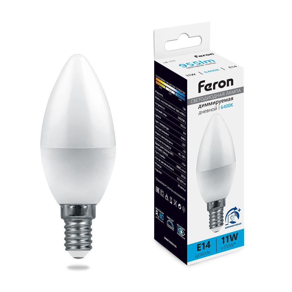 Лампа светодиодная диммируемая Feron LB-771 Свеча E14 11W 230V 6400K