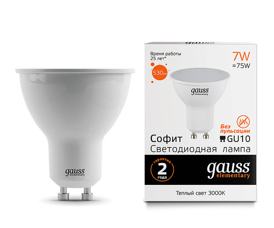 Светодиодная лампа Gauss Софит 7W 530Lm 3000K GU10 13617_GAUSS