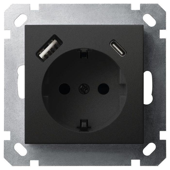 Розетка SCHUKO© с USB A+C с защитными шторками 16A 250V~ 2P+T USB 25W, цвет черный матовый (soft tou
