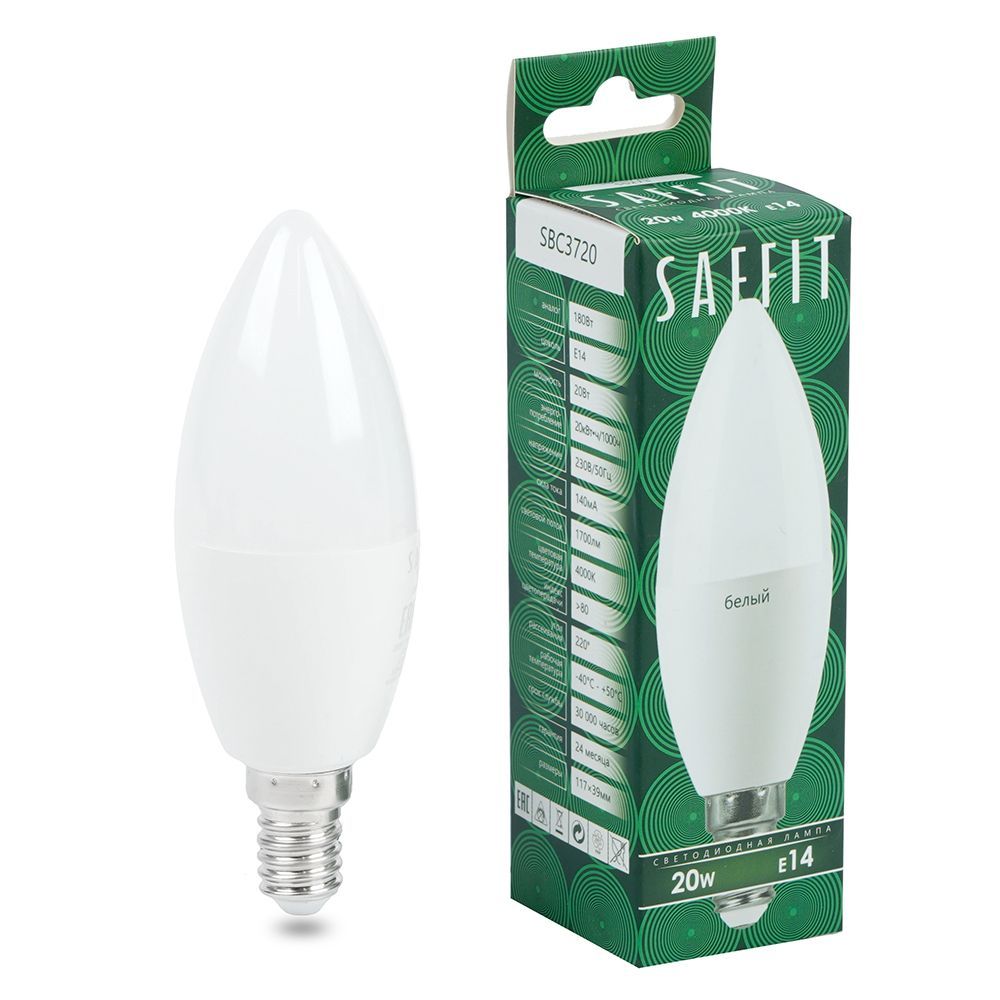 Лампа светодиодная SAFFIT SBC3720 Свеча E14 20W 230V 4000K