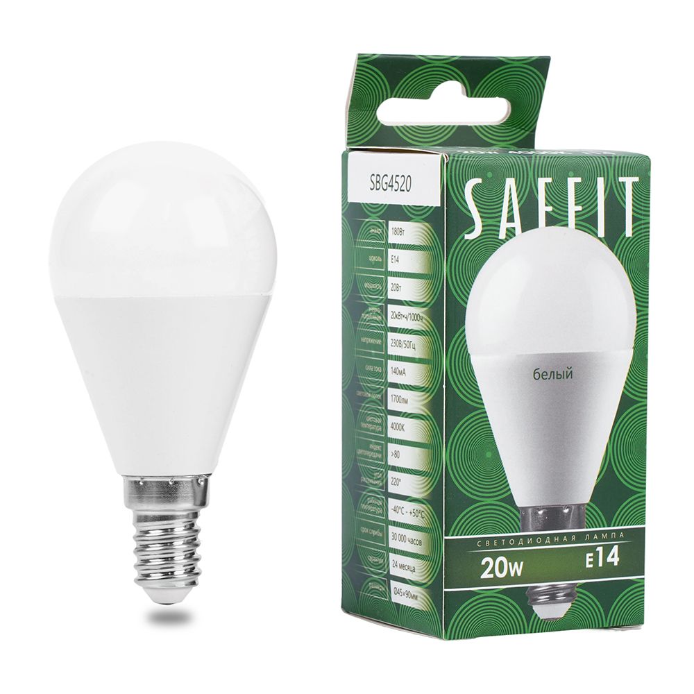 Лампа светодиодная SAFFIT SBG4520 Шарик E14 20W 230V 4000K