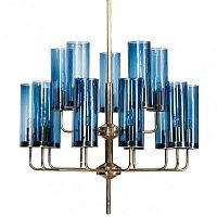 Люстра Hans-Agne Jakobsson Brass & Blue Glass Tube Chandelier | 8 плафонов